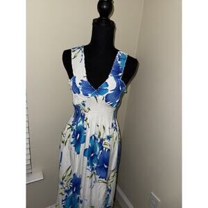 Hawaiian Tropical Strapless Dress White W/ Blue Flowers Aloha Fashion One size